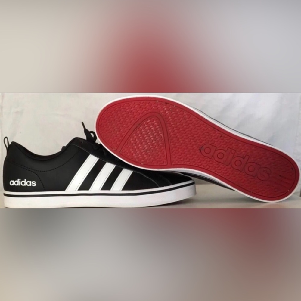 Adidas Vs Pace Trainers Men’s Black White Stripe Low Top Sneakers Red Sole Size8